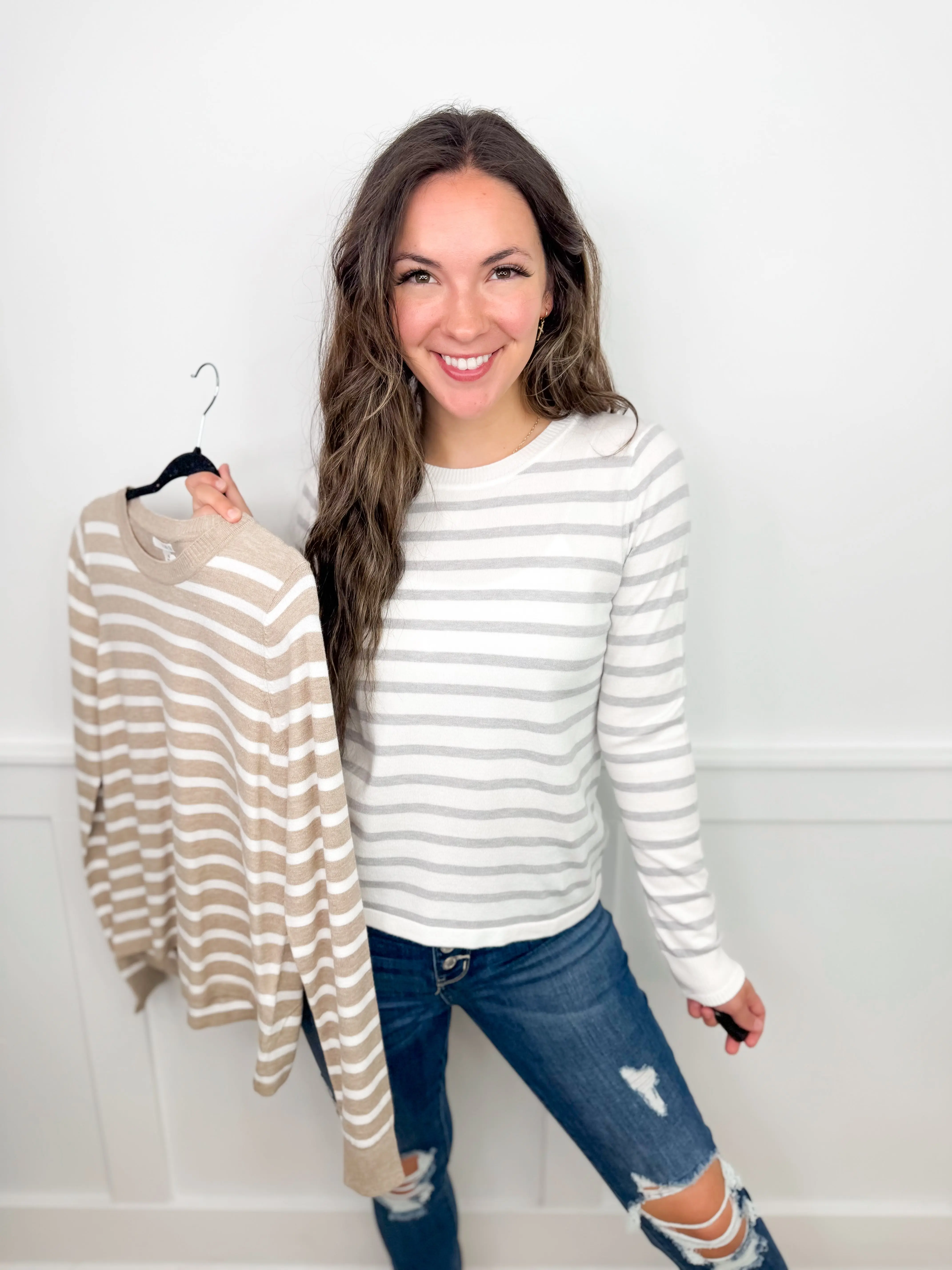 Women's Striped Knit Sweater - Buttery Soft Stretchy Long-Sleeve Pullover, Knitting Women's Clothes with Polyester-Viscose Blend, Comfy 2XL Full-Sleeves Top for Everyday Layering, Fit