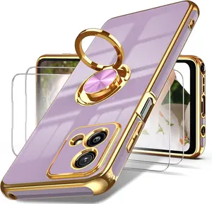 Phone Case for Moto G Stylus 5G 2023 Case, 2X Screen Protector, 360° Rotatable Ring Holder Magnetic Kickstand,Plated Gold Edge Slim Soft TPU Protective Cover for Motorola G Stylus 5G 2023 (Purple)