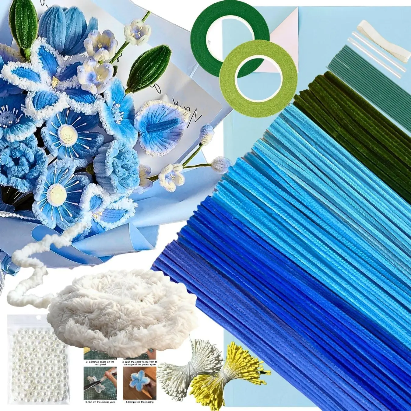 5-Color Blue Pipe Cleaner Flower Kit,300 Pcs Pipe Cleaners Craft,with 1 Roll Fluffy Yarn,50 ,100 Flower Stamens,15 Floral Wire,2 Floral Tape,2 Wrapping Paper,Ribbon and Instruction