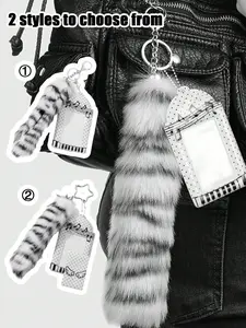 Y2K Punk Faux Fur Tail Keychain, Vintage Gradient Bag Charm, Cute Acrylic Frame Keyring, Music Notes Design