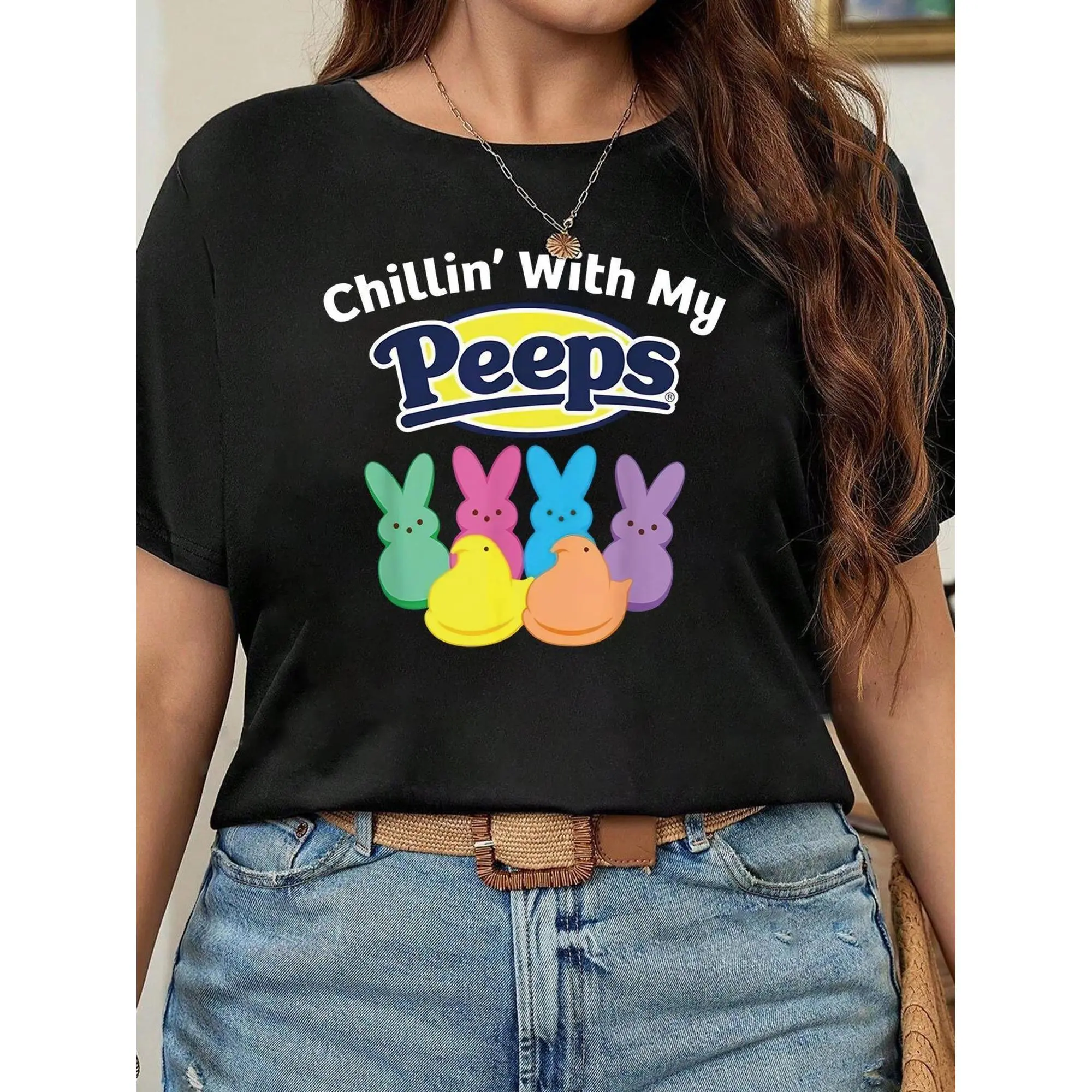 Women's Soft Cotton Round Neck Shortsleeve T-Shirt - Easter 'Chillin' with My Peeps' Vibrant Digital Print Bunny, Fitted Sporty Chic Tops for Spring Summer, Thanksgiving, Valentines Day, Machine Washable, Casual Chic, Vibrant Print