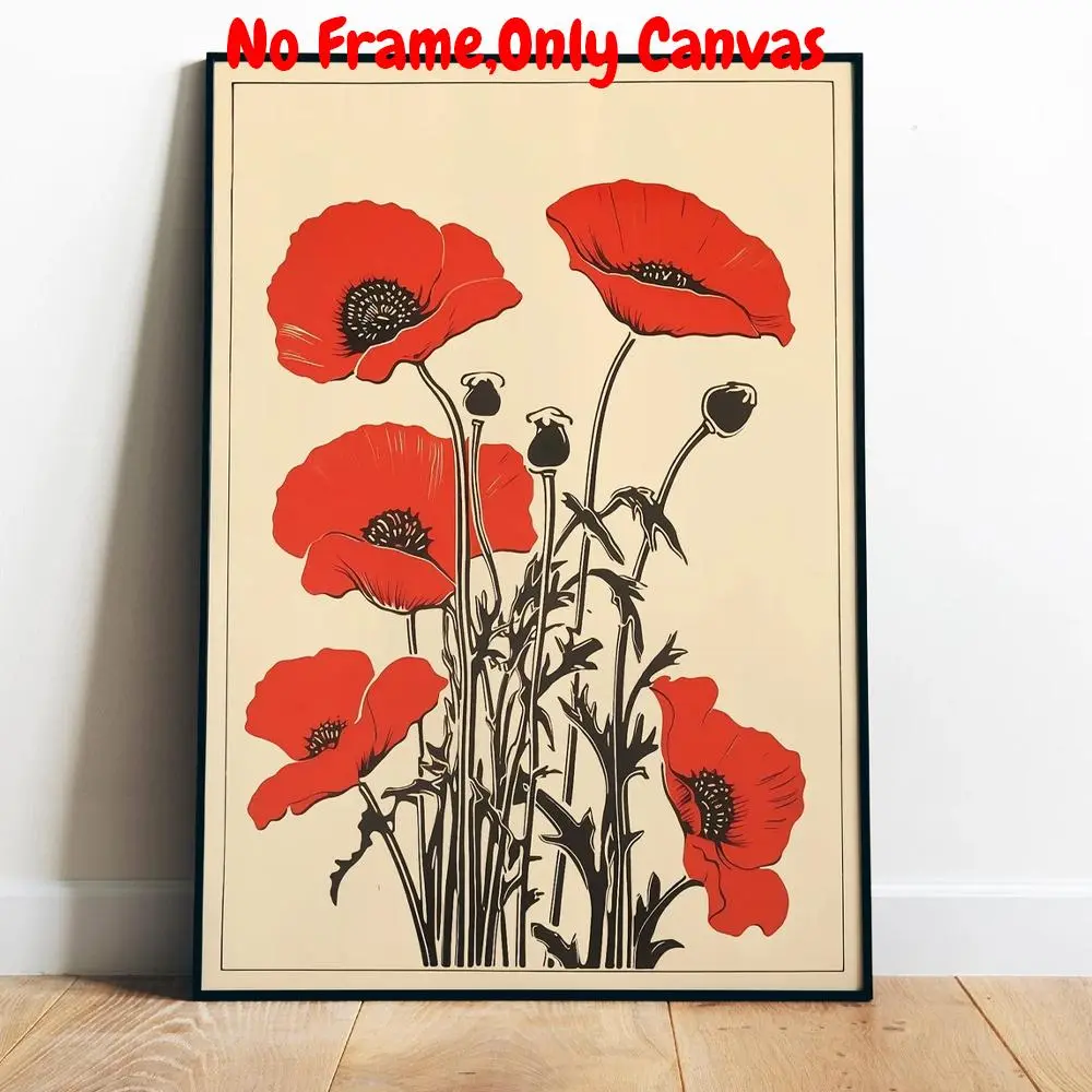 Poppy Flower Pattern Unframed Painting, Vintage Botanical Poster, Unframed Art Print, Wildflower Nature Wall Art, Wall Art for Home Living Room Bedroom Decor, Ornaments