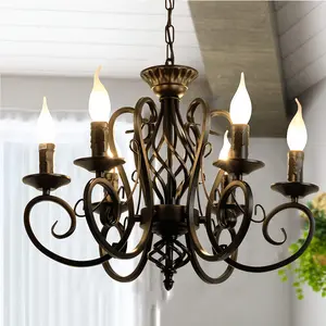 6 Light French Country Farmhouse Candle Iron Chandelier, Vintage Metal Chandelier Light Fixture for Kitchen Island, Dining Room, Bedroom - Black