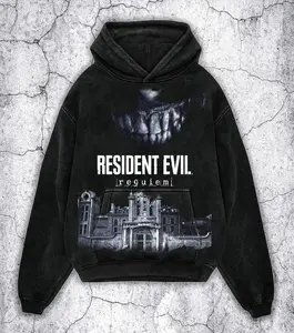 Retro RE9 Bleached Art Survival Horror Game Hoodie, Requiem T-Shirt, Vintage Washed Heavyweight Apparel, Perfect Gift For Gaming Enthusiasts