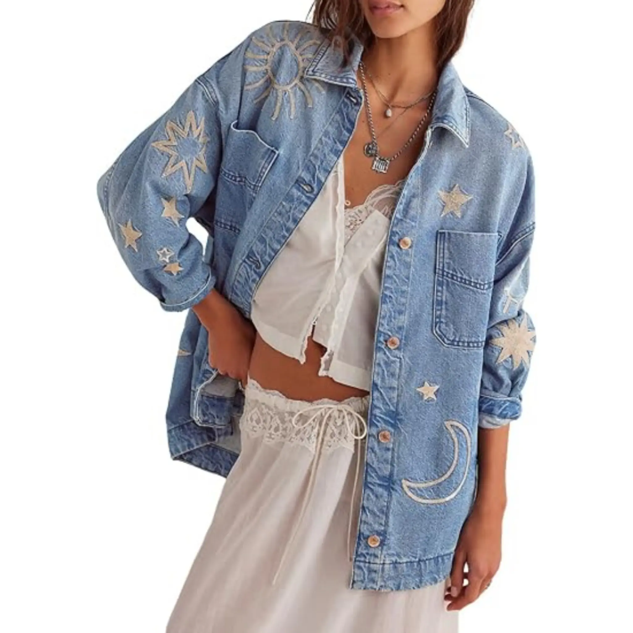 utcoco Women's Retro Chic Long Sleeve Oversized Denim Jacket, Embroidered Graphic, Button-Down, Casual Loose Fit Sun-Protective Jean Jacket