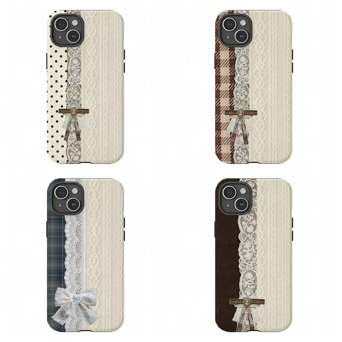 Coquette Lace & Bow Beige Protective Cellphone Case - Vintage Plaid Patchwork Aesthetic, Shockproof Durable Casing for iPhone 17 Pro Max,16,15,14,13,12,11 & Samsung S21,S22,S23,S24,S25,S26, Tough Smartphone Gift for Him/Her