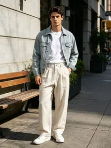 Men’s linen casual pants, elastic waistband, pleated straight-leg design, breathable for summer commuting, long length