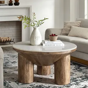 Ellison 33" Round Wood Coffee Table With Marble Top in Walnut
