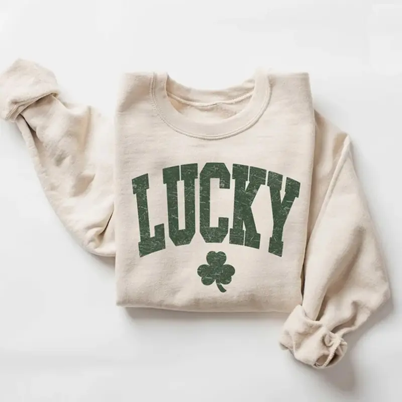 Women's Casual St. Patrick's Day Crewneck Sweatshirt - Smooth Cotton-Polyester Fleece Fabric, Shamrock Print, Ribbed Cuffs, Soft Yarn, Flattering Fit