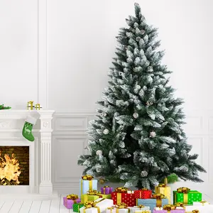 Green Snow Flocked Hinged Bushy Pine Christmas Tree with Pine Cones - Holiday Xmas Outdoor Decoration