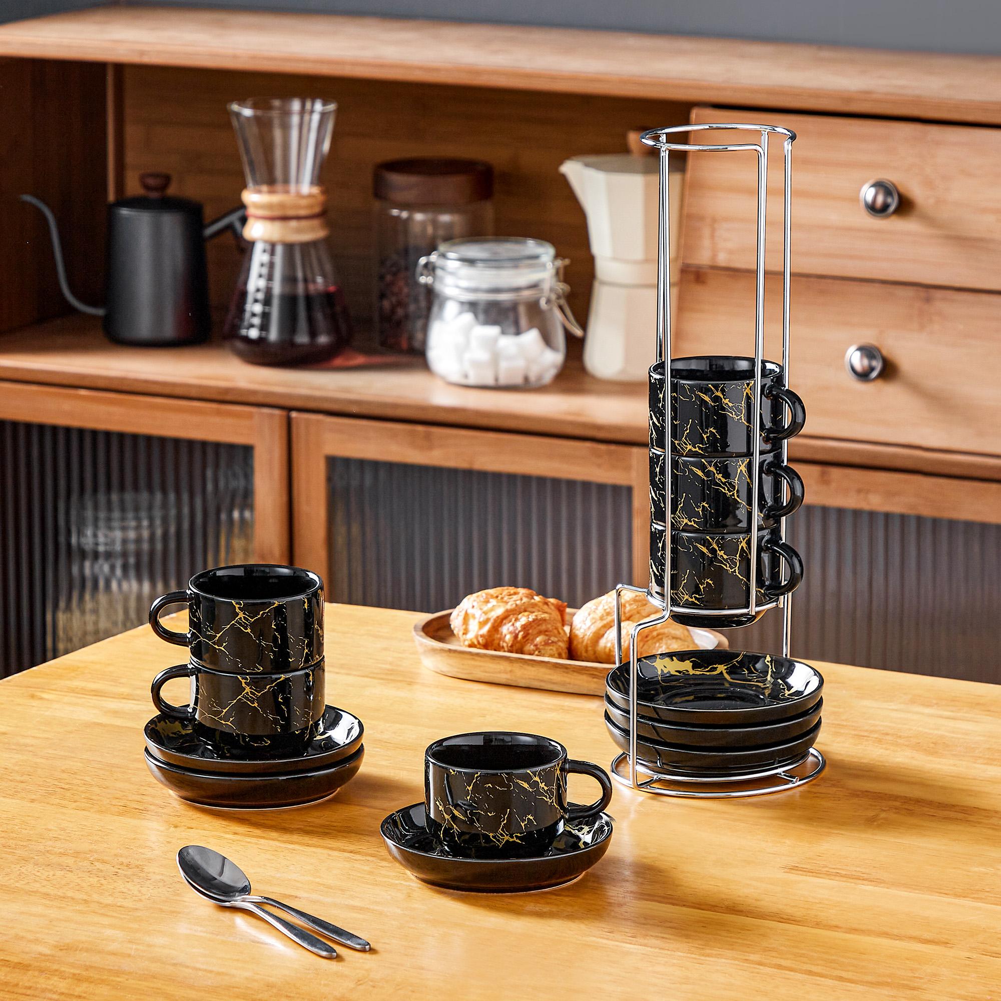 MALACASA 3/5/9 OZ Porcelain Espresso Cups (includes saucers and metal cup holder) 6-Piece Set, Stackable Cappuccino Cups, Coffee Cups, and Tea Cups, Marble-Patterned Espresso Cup Set, Perfect for Espresso, Lattes, and Tea