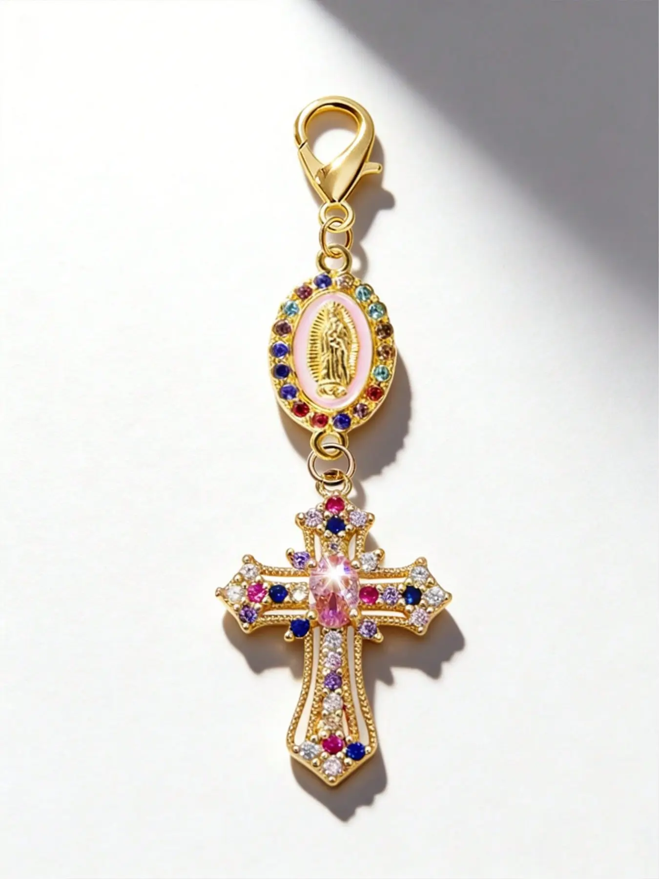 Christian Amulet Keychain for Purse with Colorful Water Diamond Cross Sacred Mother Mary Pendant Sparkling Diamond Amulet for Bags Wallets Luggage Car Key Ring Keychain Charm Ideal for Holiday and Valentine's Day Gifts