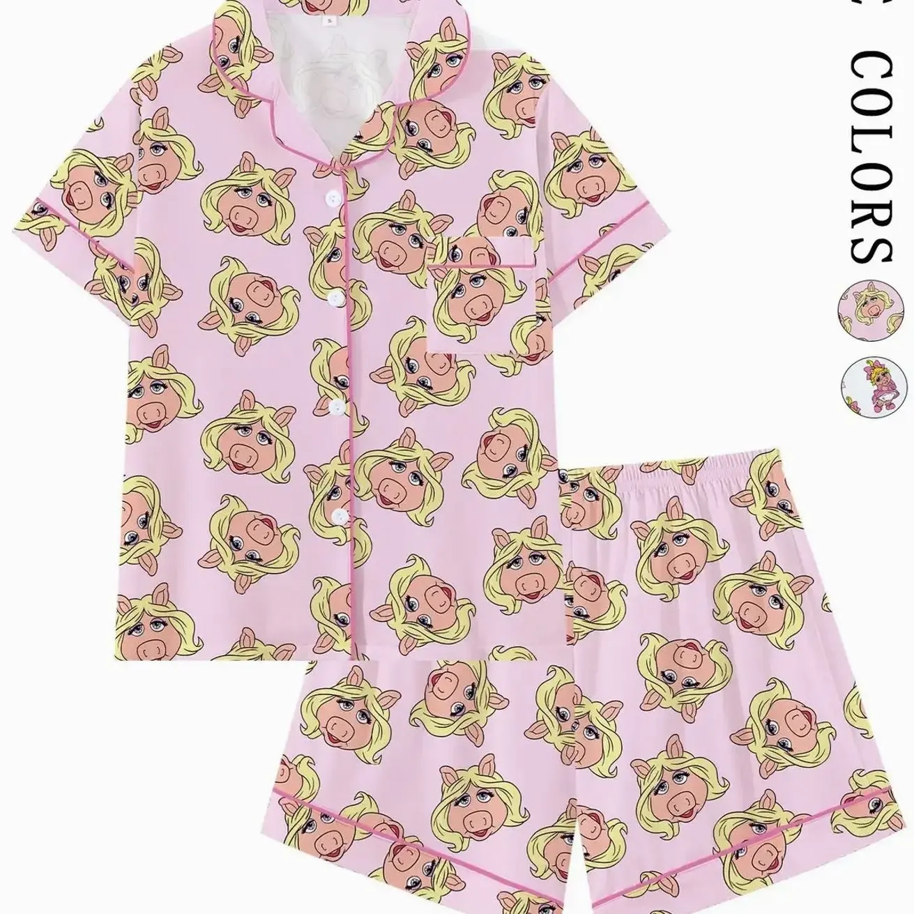 Women's Cute Pink Pig Character Print Pajama Set, Short Sleeve Button Down 2-Piece Loungewear, Lounge Pajamas, Adorable Cartoon Pig Sleepwear with Pink Trim,Perfect for Summer Nights & Sleepovers, Lounge Pjs Set