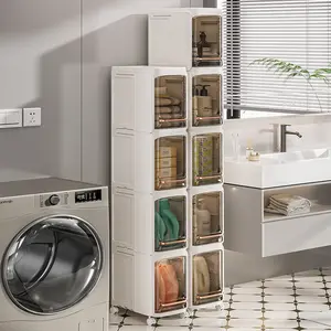 MiAoLi four-layer tall and narrow storage cabinet, made of plastic, with a slim design, doors and adjustable shelves, wheels, stackable and foldable, suitable for small spaces, bathrooms and kitchens.