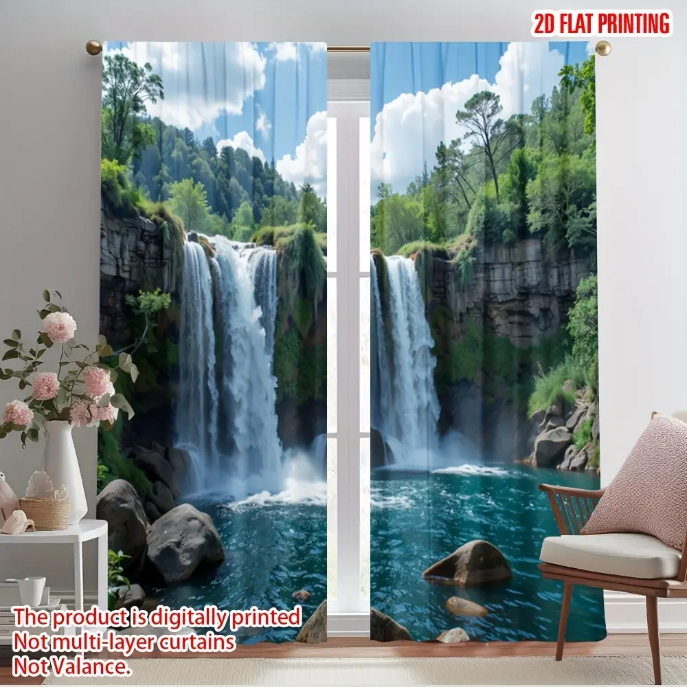 Polyester 2-Piece 2D Flat Digital Print Curtains, Lush Waterfall Scene Design, Ideal for Seasonal Parties, Bedroom & Tea Room Decor, Two Sizes