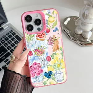 Flowers , Strawberry and Puppy Pattern Shockproof Phone Case for iPhone 7 8 X XR 11 12 13 14 15 16 17 Pro Max Plus Air Protecitved Cover Vintage Girly