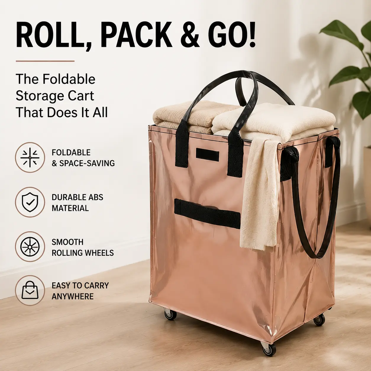 Foldable Rolling Nylon Plastic Storage Tote Bag with Wheels - Modern Open-Top Large-Cap. Organizer, Reusable Home Supply for Casual Daily Use, Portable Collapsible Shopping Bag for Groceries