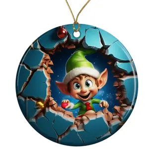 Cute Funny Elf Cartoon Ceramic Ornament - Breakthrough 3D Effect Burst Illusion Kids Ornament - 3 Inch Christmas Tree Round Ornament - Xmas Holiday Decor - String Included - ORNW0055