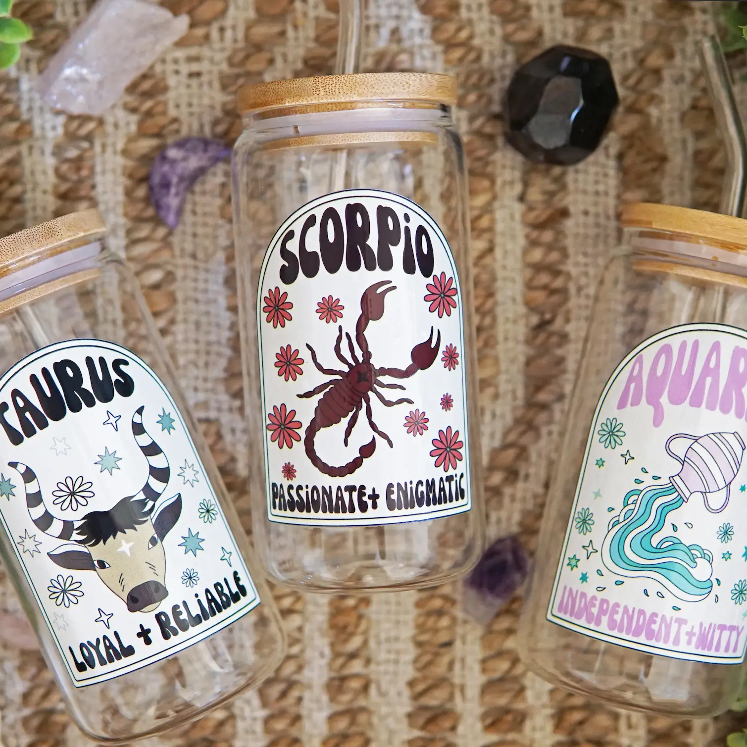 Sip-Sip Hooray! 16oz Zodiac Sign Glass Cup – Aesthetic Drinkware with Lid & Straw, Handmade Bamboo Tumbler, Reusable, Portable, and Washable Mug Water