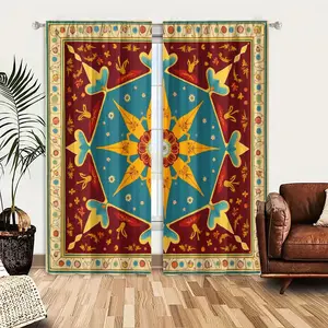 2pcs Window Curtains, Ornate textile design with a central yellow 8-pointed star on a teal octagon, surrounded by a dark red field with floral motifs and a patterned border.Window Drapes for Bedroom Living Room, Rod Pocket Window Treatment