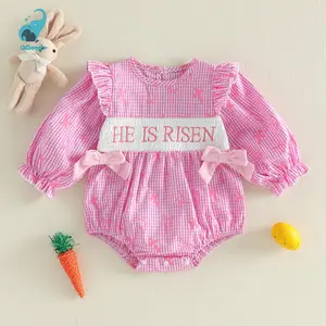 Baby Girl Easter Plaid Romper Long Sleeve O Neck Letter Embroidery Romper with Bow Decor