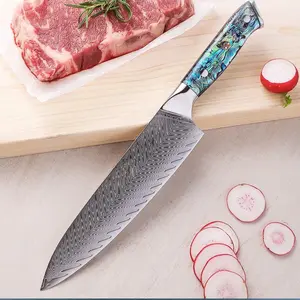 "Damascus Steel Chef’s Knife – Abalone Shell Handle, Professional Slicing Knife for Meat & Home Kitchen Use"