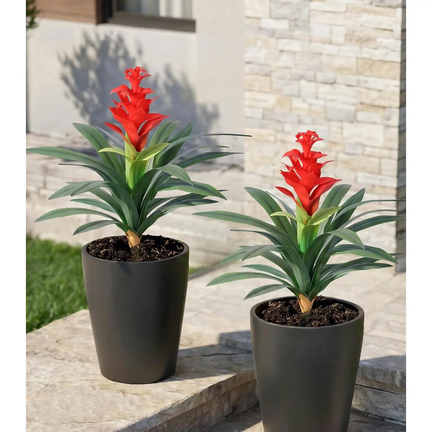DREAMLOOM 2-Pcs 16.93in Red UV-Resistant Artificial Bromeliads, Home Decor Fake Tropical Flowers for Front Door Planters, Patio Use & Wedding Gift Option
