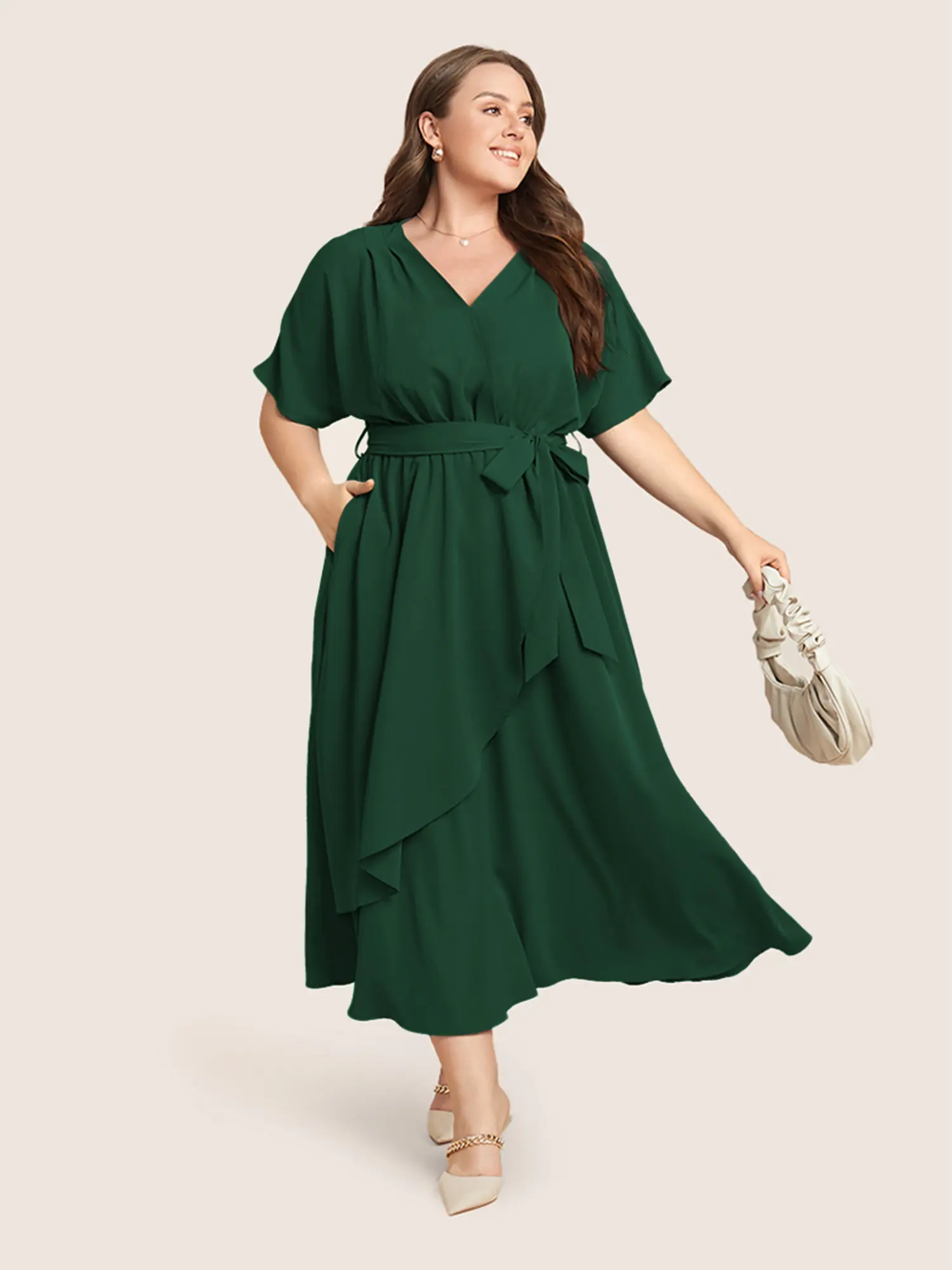 BLOOMCHIC Women's Elegant Polyester Fabric Casual Dress - Mom Dress, Surplice V-Neck, Dolman-Raglan Short Sleeve, Belted, Pocketed, Lightweight, 10/m Palemauve Plain, Everyday Look Straps, Spring Summer Wear