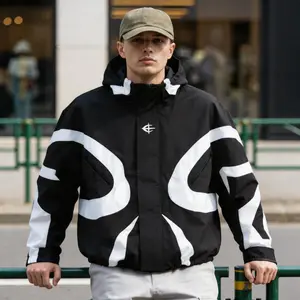 Men's American High-Street Black-and-White Color-Block Hooded Windbreaker Coat, Loose Fit, Windproof, Waterproof, Distinctive Logo Print, Drawstring Design, Long Sleeve Menswear Top, Casual for Streetwear, Campus Commuting