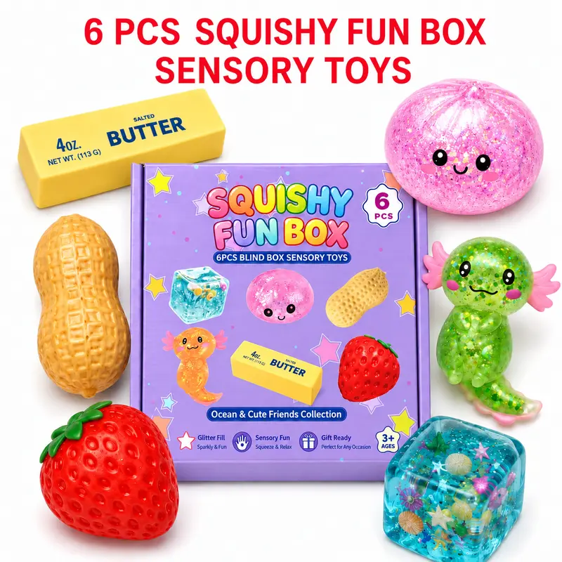 6 Pcs Squishy Stress Relief Toy Set, Glitter Dumpling & Sensory Squeeze Toys, Soft Fidget Toys with Different Textures & Materials, 6 Different Styles, Creative Party Favors & Gifts