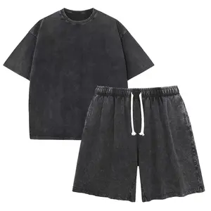 Vintage Washed Matching Set 2 Piece Outfit T Shirt and Shorts 100% Cotton Oversized Streetwear Loungewear for Men Women Acid Wash Summer Casual Set Cozy Breathable Beach Gym Everyday Essentials