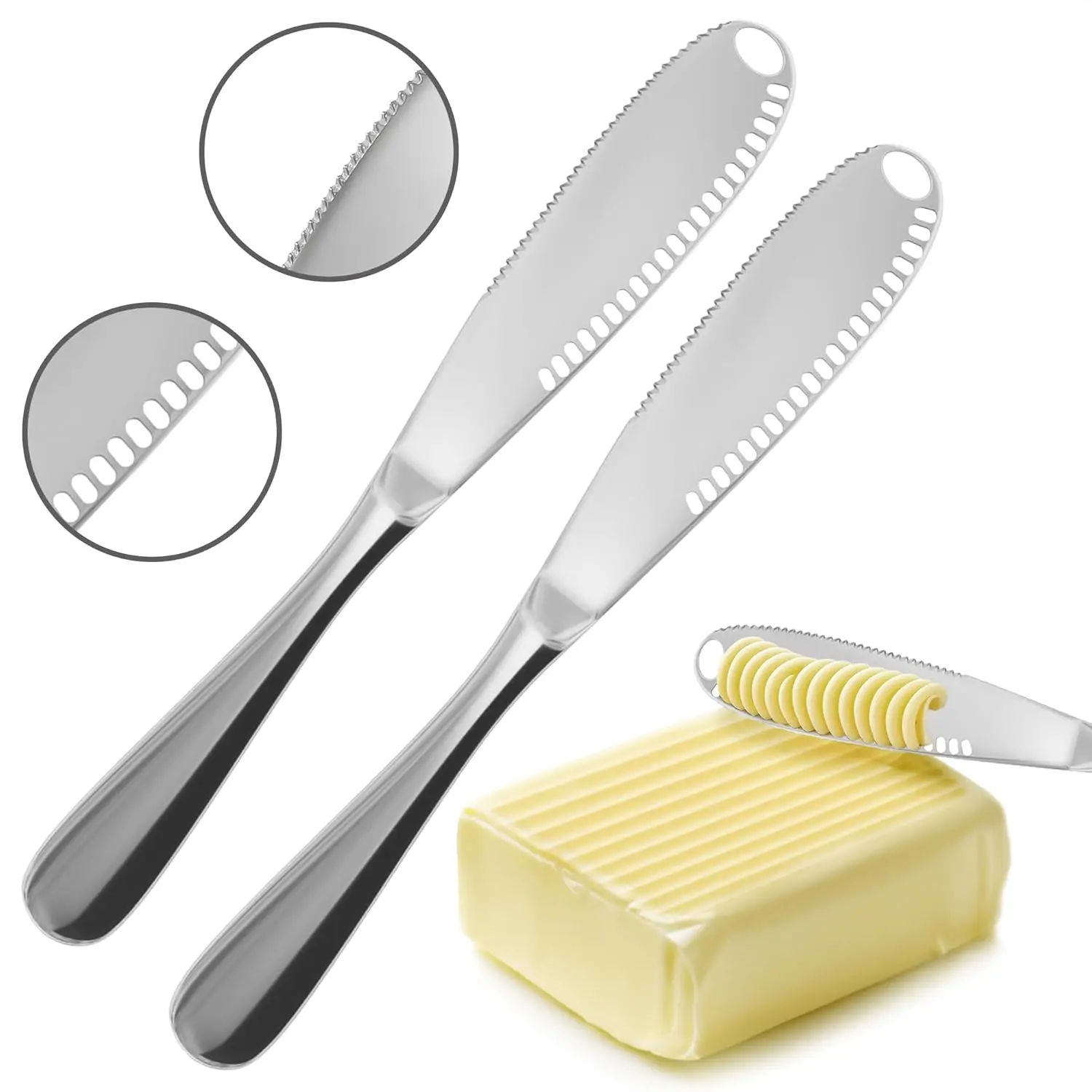 2-Pack Corrosion-Resistant Stainless Steel 3-in-1 Butter Knife Cheese Spreaders - Kitchen Cutlery with Grater Blade, Spreading & Slicing Hole, Easy-Grip Handle, Cheese Spreader