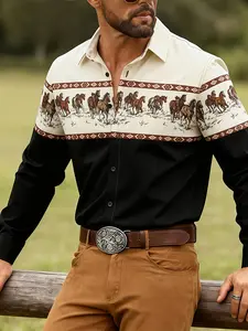 Vintage Bohemian Western Shirt, Horse Print Tribal Striped Colorblock Long Sleeve Casual Button Up Top, Fitted Style, All Seasons