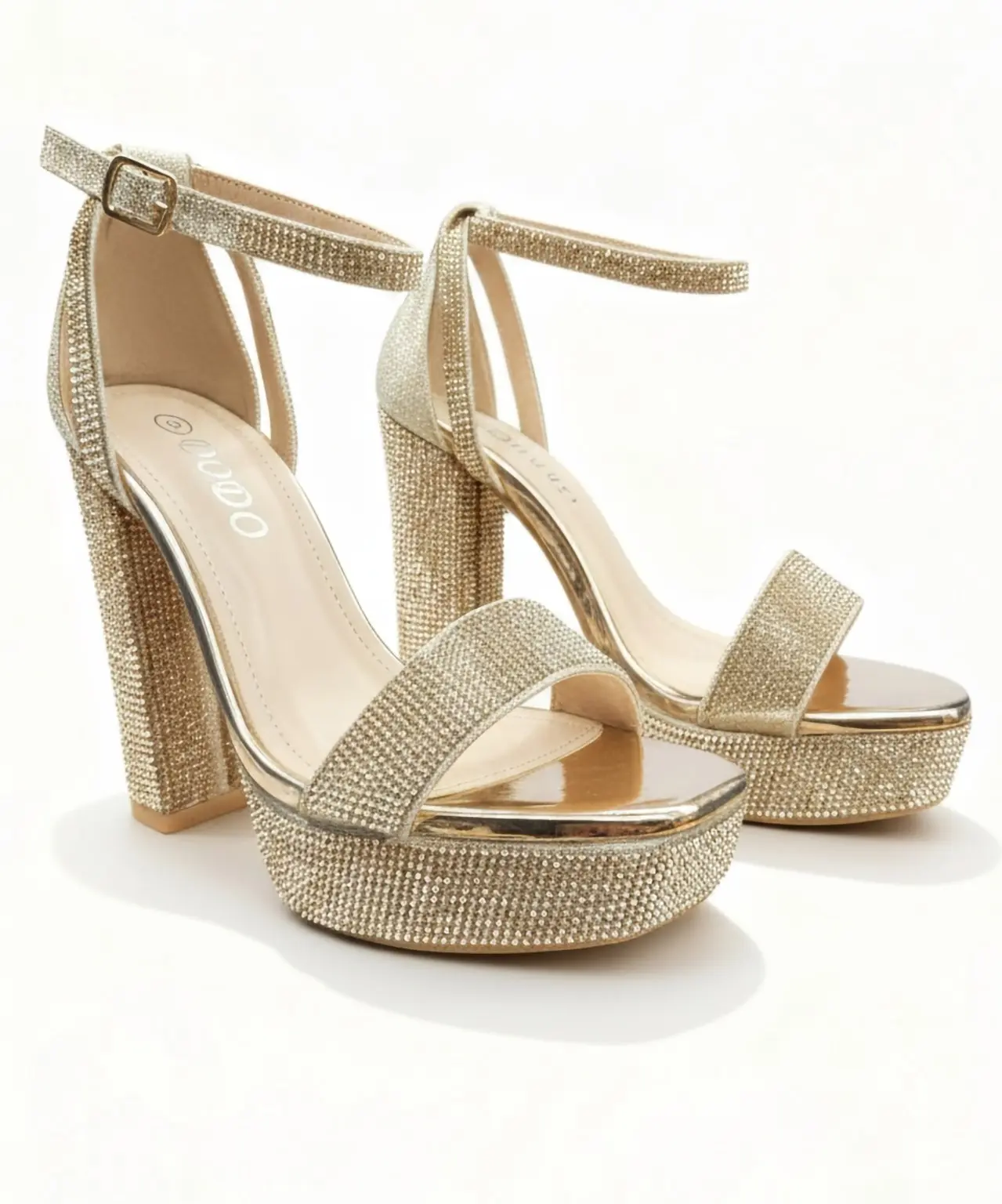 Women’s Gold Rhinestone Platform Heel Footwear – Chunky Block Heel Sandals for Prom, Wedding