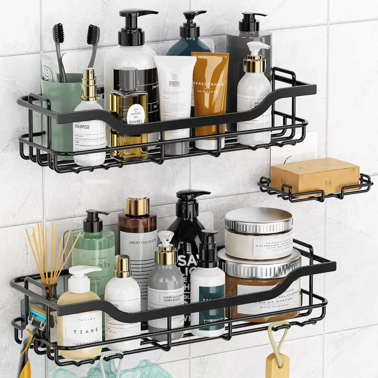 Shower Caddy 3-Pack, Adhesive Shower Organizer with Soap Holder, Rustproof No Drilling Shower Shelves for Inside Shower Bathroom Organizer and Storage, Black(Large)
