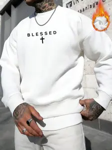 Men's Fall Winter Round Neck Long Sleeve Casual Sweatshirt, Tops, Neutral English Letter Blessed, Fashionable Daily Commute, Loose Fit Versatile Style