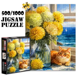 1pc 1000 piece adult puzzle 70x50cm Vase of Yellow Flowers, Orange Cat and Sea View by Window 500 pieces paper jigsaw puzzle suitable for DIY creative games for adults and families, birthday and