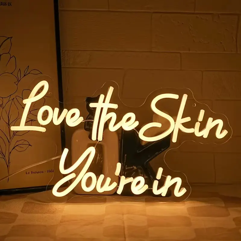 summerwins Warm White "Love the Skin You're in" LED Neon Sign - Ambient Glow Light with Mounting Kit, Wall Mount/Hanging Facial Spa Wall Decor for Beauty Shops Indoor Use, Decorative Neon Sign, Lights, Cozy Warmth