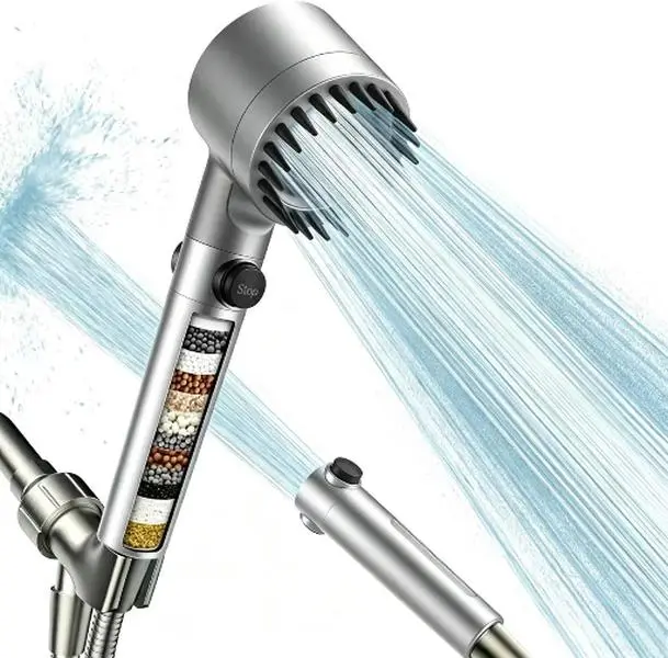 Filtered Shower Head with Handheld, High Pressure Water Flow and Multiple Spray Modes Shower Head with Filter, Power Wash for Hard Water, Showerhead with ON/OFF Switch for Pets Bath (Silver)，Turbo High Pressure Water Saving Shower Head