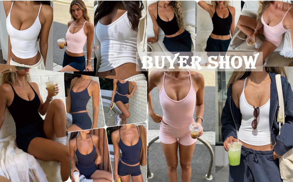 Danysu Double-Layer Padded Racerback Stretchy Crop Tank Tops V Neck Slim Fitted Tee Workout Gym Yoga Y2K Going Out Camisole Short