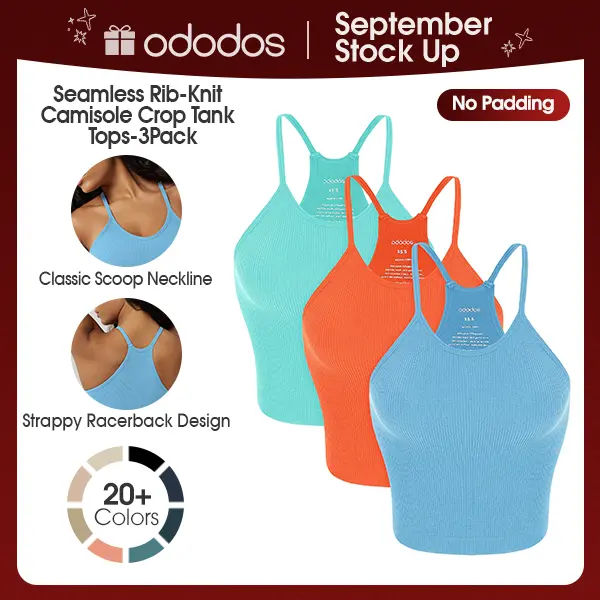 ODODOS Women's 3-Pack Seamless Basic Sleeveless Rib-Knit Crop Camisole Tops - No Padding, Breathable, Casual Basic Tanks, Casual Sleeveless Cropped, Waist Length, Summer Wear