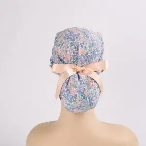 Blue Flower Ponytail Scrub Caps for Long Hair, Cotton Surgical Hat with Forehead Sweatband and Buttons