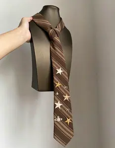 TOP Custom Handmade Vintage Brown Striped Star Necktie for Women Retro Academia Style Neck Accessory Trendy JK Preppy Tie