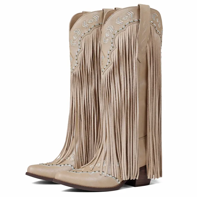 AOSPHIRAYLIAN Women's Embroidered Western Suede Cowboy Boots - Footwear with Full Fringe Sways, Intricate Decor, Above the Ankle But Below the Knee, Cowgirl and Outlaw Style, All Seasons Vintage-Inspired Shoe for Festival, Casual Wear,outdoorfun