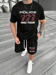 Two-Piece Set Men's Regular Fit Police Graphic Tee & Shorts, Casual Short Sleeve T-shirt & Shorts for Daily Wear, Men's Two-piece for All Seasons