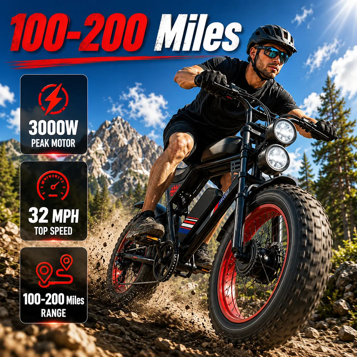 All-Terrain Electric Bike - 20-in Tires, 32 mph Top Speed, 100-200 mi Range, 3 Riding Modes, Dual Suspension, Dual Hydraulic Brakes (Sports & Outdoor Cycling Equipment) Powerful Fat Off-Road Foldable Seat trendy wbike retro ebike