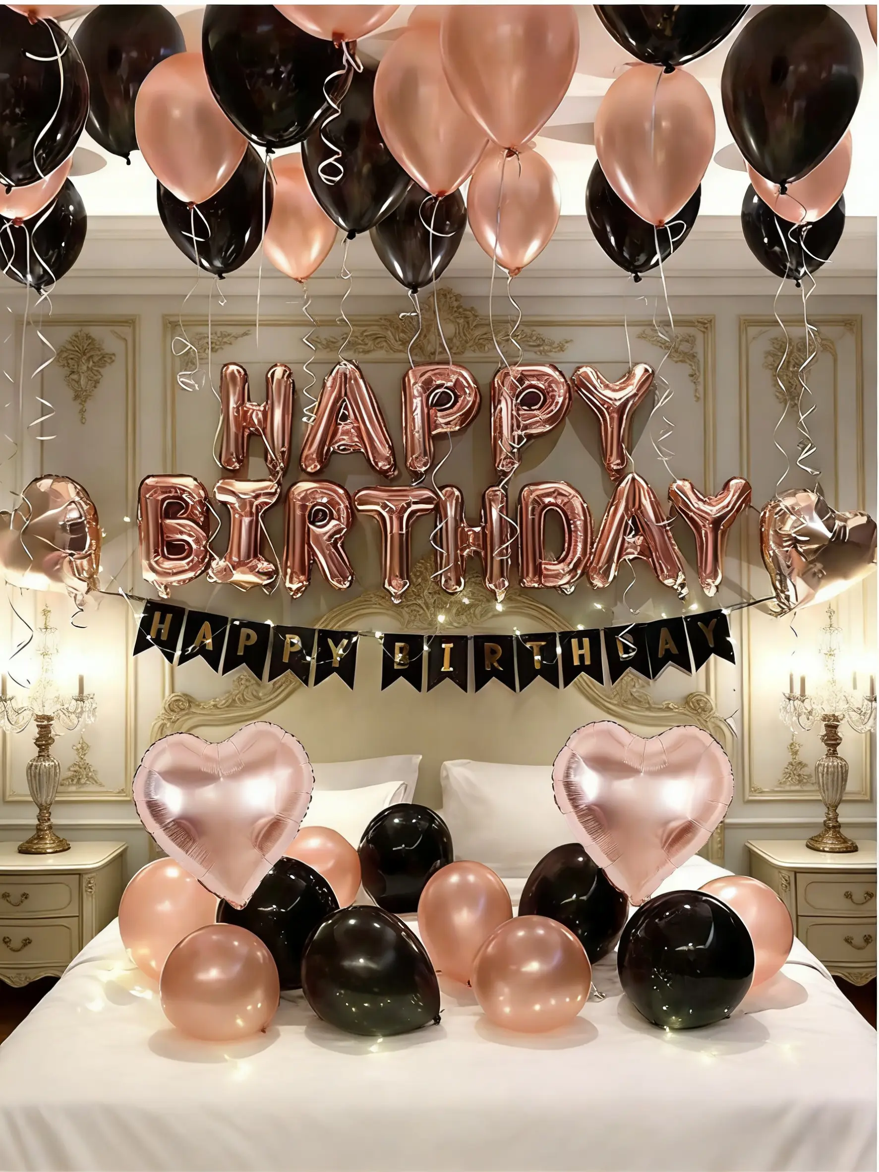 16-Inch Rose Gold & Black Latex Balloon Set (43-Piece) with "Happy Birthday" Slogan Flag, Festive Decor for Birthday Party, Graduation Events