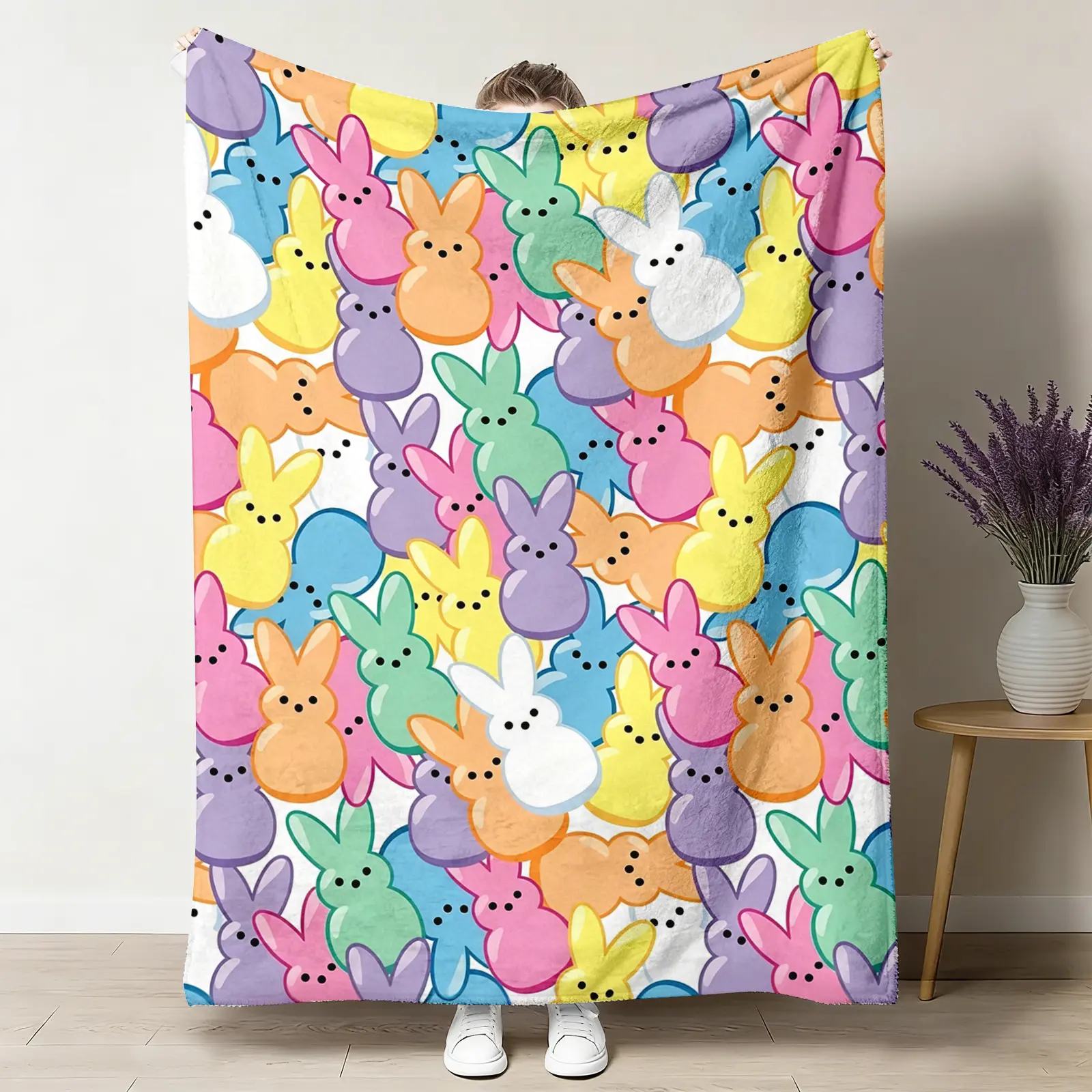 Peeps Easter Bunny Throw Blanket - Fuzzy Flannel, Colorful Fluffy Cartoon Theme Bunny Belly Graphic Throw, Soft Warm Spring Holiday Decor & Gift for Kids, Nursery Living Room Couch Accent, Bunny Belly Throws, Cartoon Theme Throws