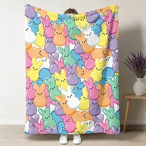 Peeps Easter Bunny Throw Blanket, Rainbow Marshmallow Flannel Blanket, Soft Cozy Warm Throw, Colorful Spring Holiday Design, Gift for Kids Toddler Her, Cute Nursery Bedroom Living Room Couch Decor