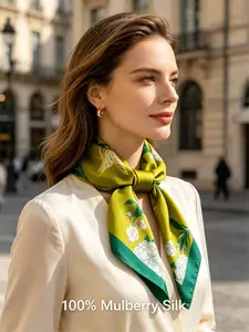 1PC 70*70cm Square Floral Silk Scarf, Elegant Olive Green White Peony Floral Print with Dark Green Satin Border 100% Mulberry Silk Lightweight Scarf, Versatile Fashion Accessory for Daily Commute, Travel, Hiking, Gym & Summer Beach